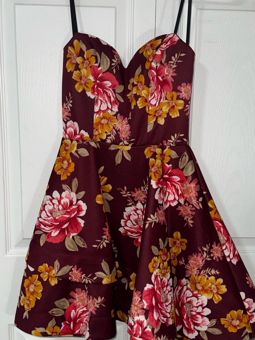 Burgundy Floral Fit-and-Flare Dress